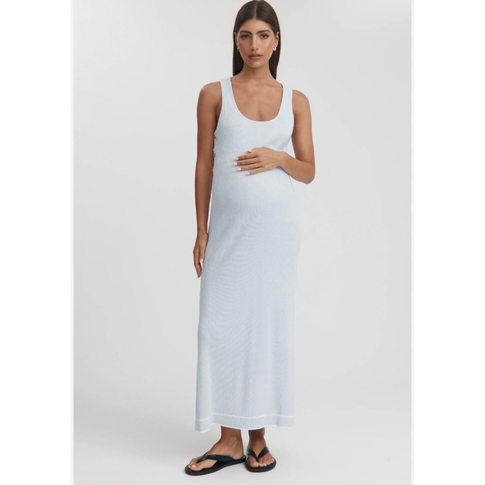 White Ribbed Knit Maternity Maxi Dress Sleeveless Scoop Neck Bodycon Tank Dress - Picture 7 of 12